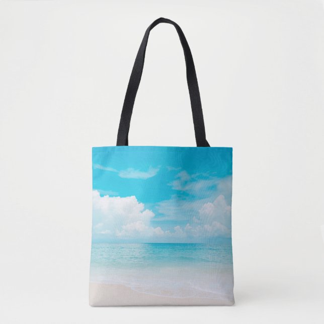 Tote Bag Belle plage tropicale avec ciel bleu et c blanc (Devant)