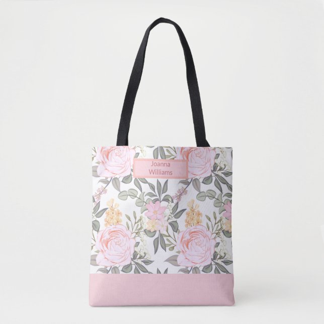 Tote Bag Belle rose fleurie et feuillage vert (Devant)