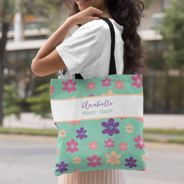 Tote Bag Belle Violet rose Fleurs Jaunes avec nom (Créateur téléchargé)