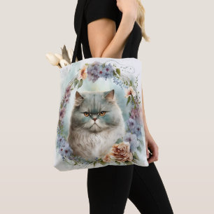 TOTE BAG BELLES FLEURS DE CHAT PERSIAN GRAY WATERCOLOR