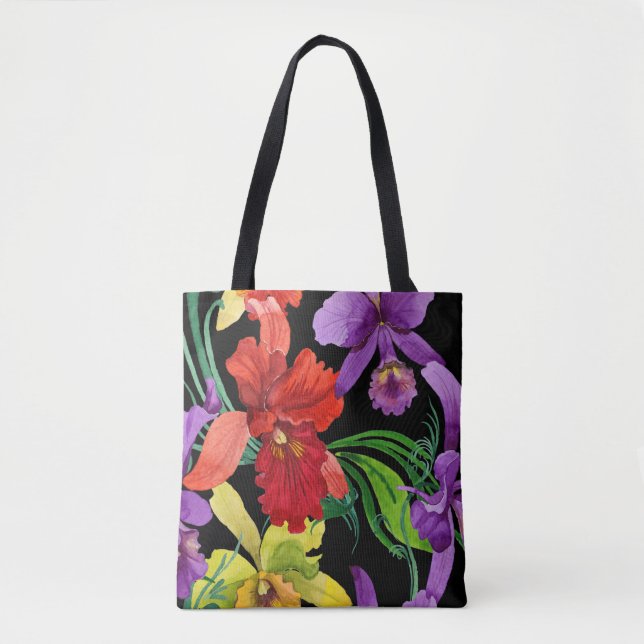 Tote Bag Belles fleurs d'orchidées d'aquarelle en noir (Devant)