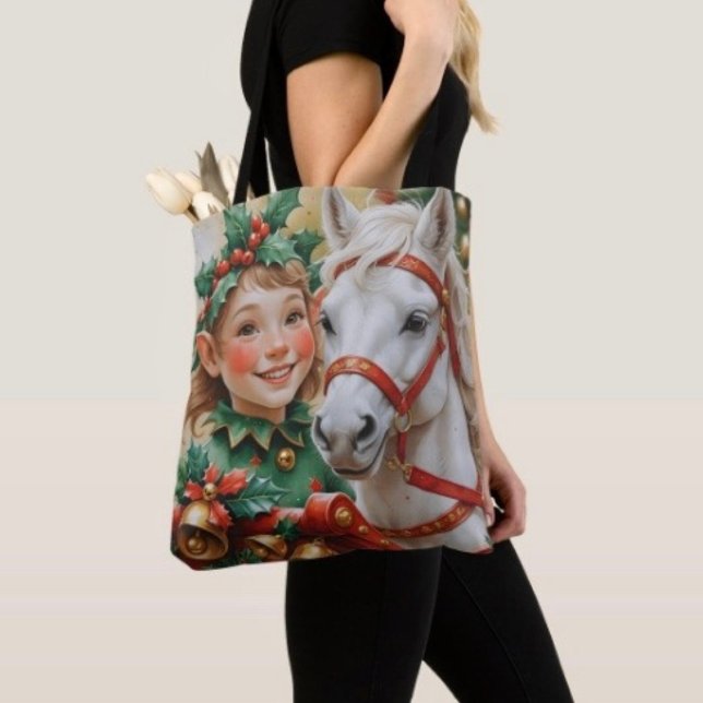Tote Bag Bells Holly et Elfe de Noël à cheval (Tote Bag — 100% polyester, black laminated lining 100% cotton web hand. Made in the USA.
)