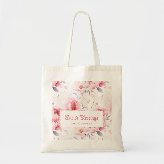 Tote Bag Bénédiction de Pâques | Motif de fleurs roses | Pâ (Devant)