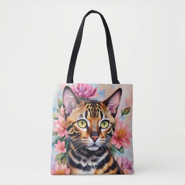 Tote Bag Bengale Chat Aquarelle Art Floral (Devant)