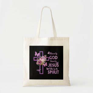 Tote Bag Béni par Dieu sauvé par Jésus Croix Florale pourpr