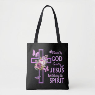 Tote Bag Béni par Dieu sauvé par Jésus Croix Florale pourpr