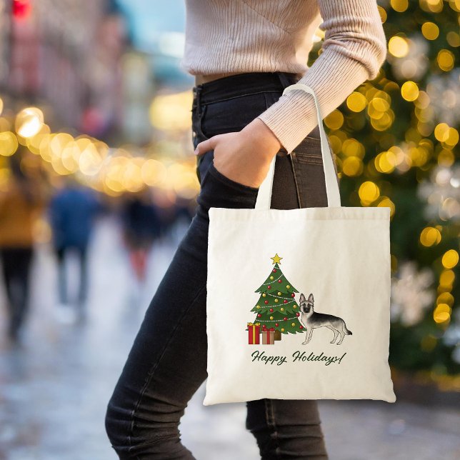 Tote Bag Berger Allemand Sable Argenté Et Noël Vert (Please note: This image is a digital mockup. The product may not be in scale.)