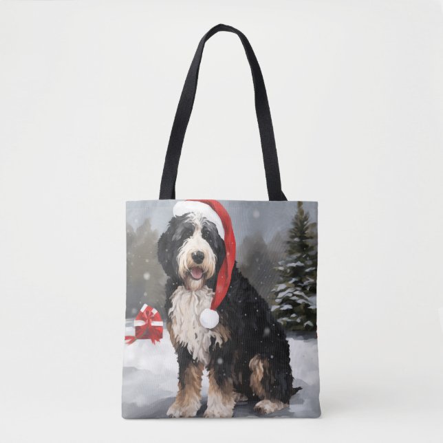 Tote Bag Bernedoodle Chien dans Noël de neige (Devant)