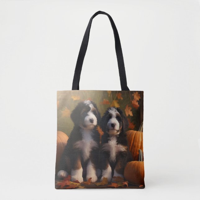 Tote Bag Bernedoodle Chiot Automne Citrouille de plaisir (Devant)