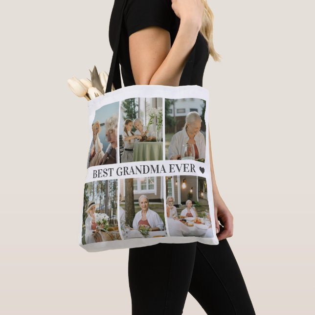 Tote Bag Best Grandma Ever Photo Collage – Gift with Hearts (De près)