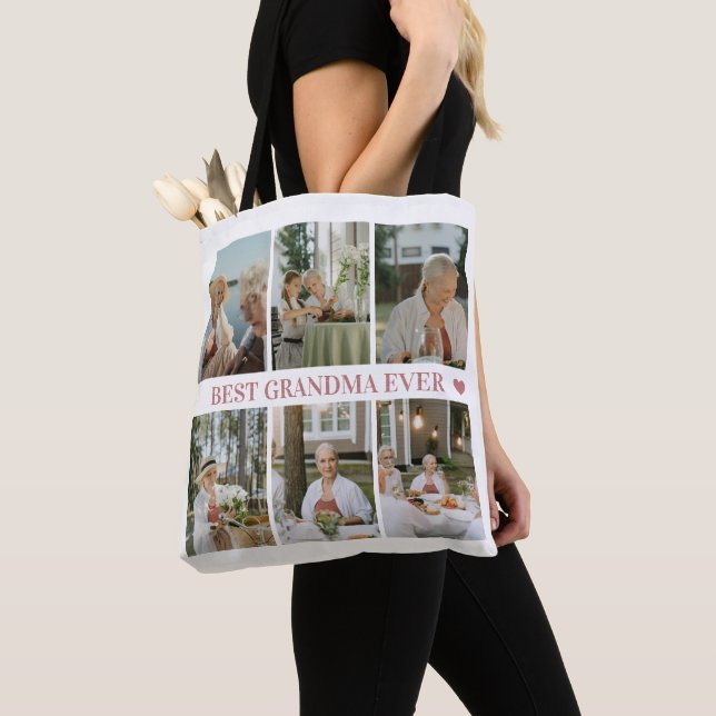 Tote Bag Best Grandma Ever Photo Collage – Gift with Hearts (De près)