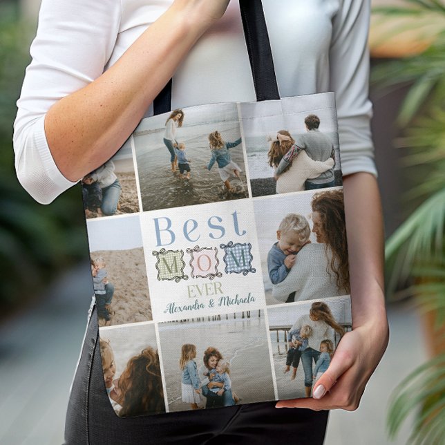 Tote Bag Best Mom Ever Plaid Patchwork Photo (Créateur téléchargé)