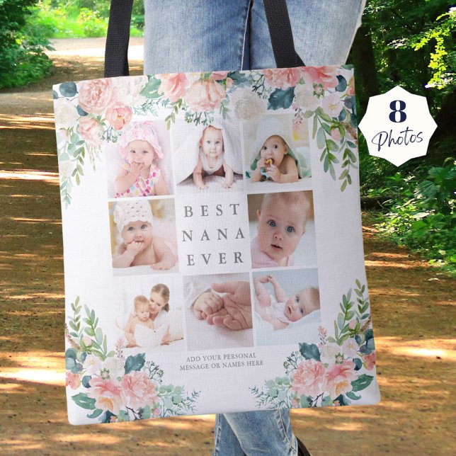Tote Bag BEST NANA JAMAIS 8 Photo Collage Rose Floral Perso (Créateur téléchargé)