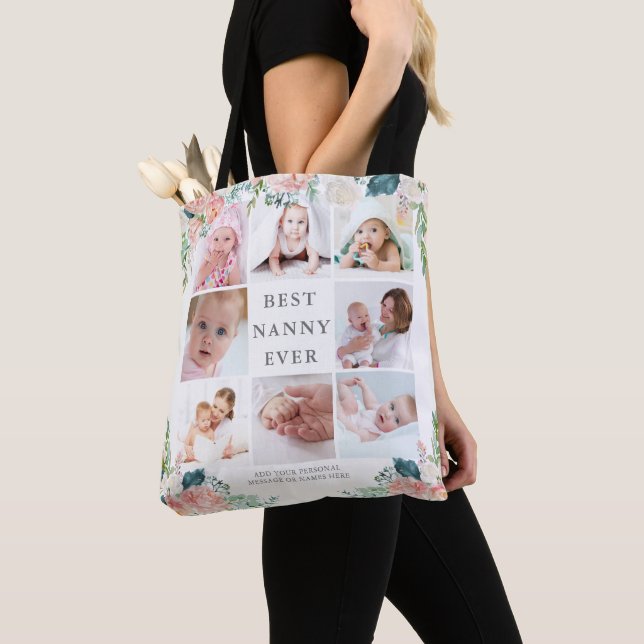 Tote Bag BEST NANNY JAMAIS 8 Collage photo Floral Texte per (De près)
