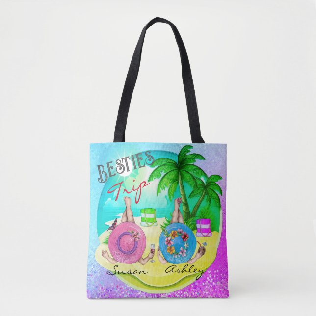 Tote Bag Besties voyage été plage bleu personnalisé (Devant)