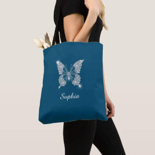 Tote Bag Beurre Diamant Blanc, Nom du script, Bleu Océan