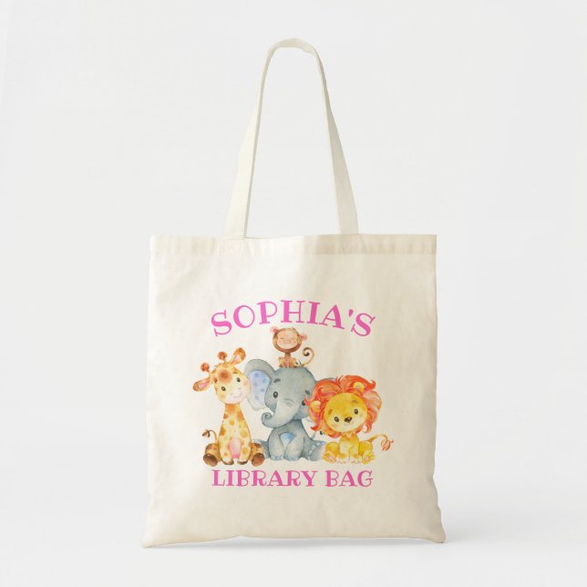 Tote Bag Bibliothèque Cute Girl Kids Jungle Safari Animals (Devant)