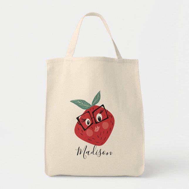 Tote Bag Bibliothèque de dessin à main mignonne fraise (Devant)