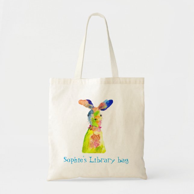 Tote Bag Bibliothèque de lapin mignon aquarelle nom (Devant)