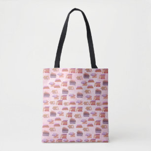 Tote Bag Bibliothèque motif de livres d'aquarelle rose et v