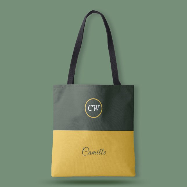 Tote bag bicolore Monogramme or et vert forêt (Two Tone Gold & Forest Green Monogram Tote Bag)