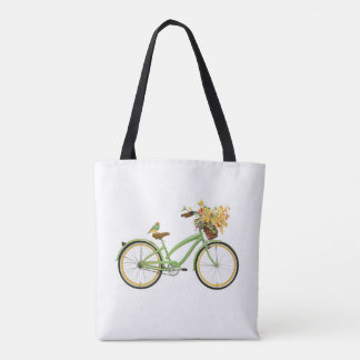 Tote Bag Bicycle With Bird and Flower Basket Green Yellow