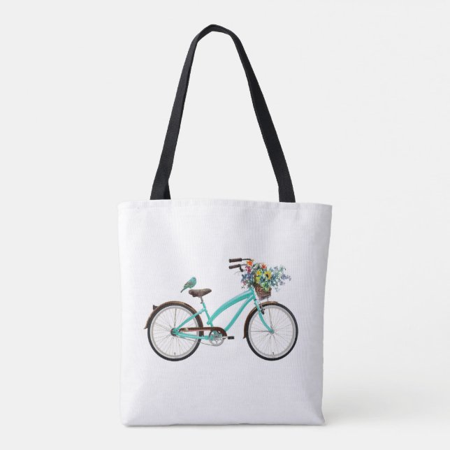 Tote Bag Bicycle With Bird and Flower Basket Turquoise Blue (Dos)