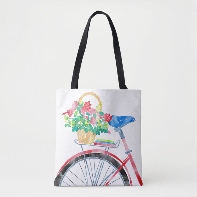 Tote Bag Bicyclette rouge avec le panier des fleurs (Devant)