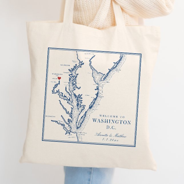 Tote Bag Bienvenue à Washington DC Elegant Mariage de la ma (Washington DC Map Wedding Favor Tote Bag with elegant navy blue Chesapeake Bay illustration)