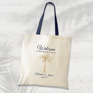 Tote Bag Bienvenue au mariage au palmier doré sur fond bleu