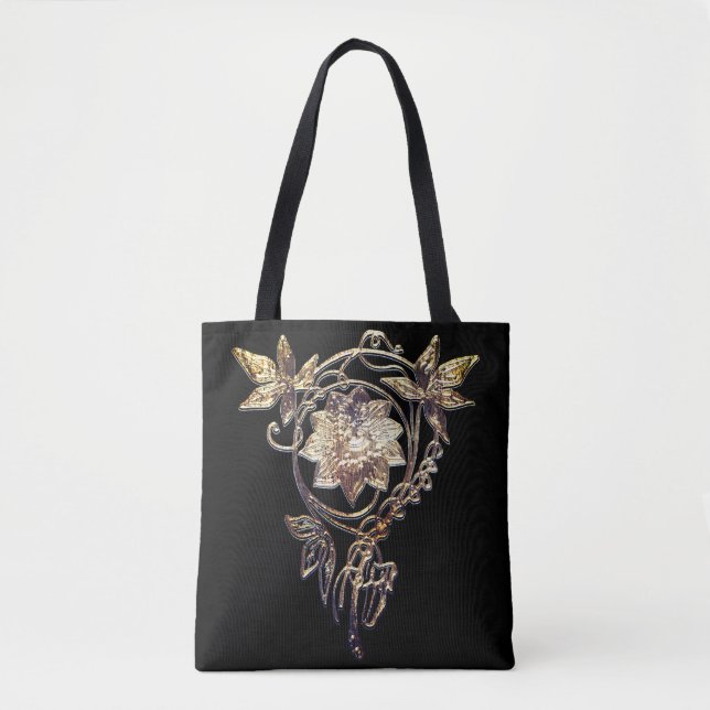 Tote Bag Bijou fleuri Art nouveau or victorien et noir (Devant)