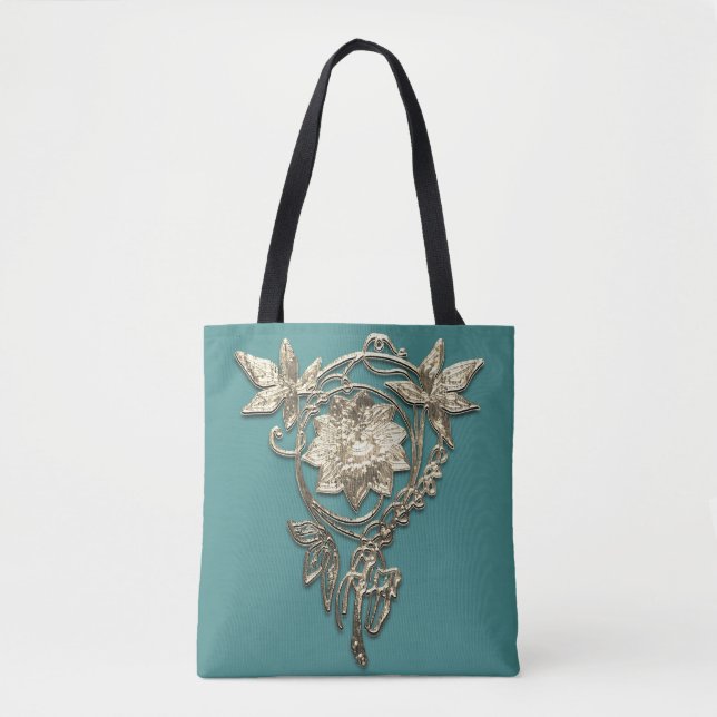 Tote Bag Bijou fleuri Art nouveau or victorien et turquoise (Devant)