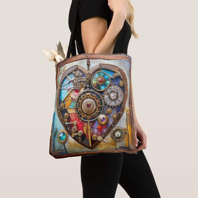 Tote Bag Bijoux et cœur de verre teinté Série Steampunk (De près)