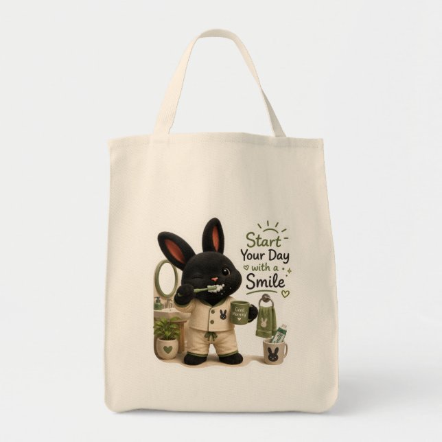 Tote Bag Billy se brosse les dents Mignon lapin Rex noir (Devant)