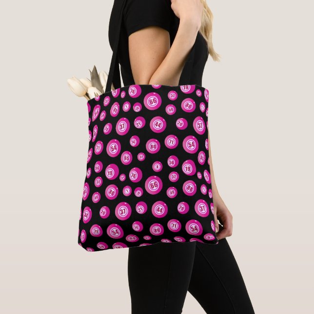 Tote Bag Bingo Balls amusant rose et noir (De près)