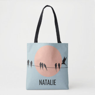 Tote Bag Birds on a Wire with Pastel Sun Personalized