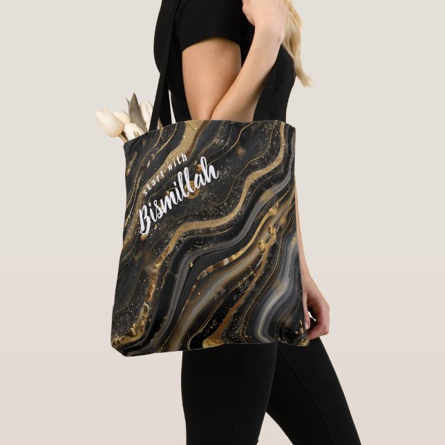 Tote Bag Bismillah Alhamdullilah Agate noir or (De près)