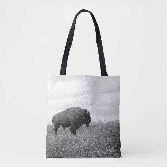 Tote Bag Bison noir et blanc sur une colline (Devant)