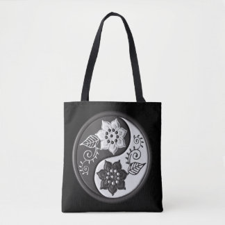Tote Bag Black and Silver Floral Yin Yang