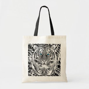 Tote Bag Black and White Blue Eyes sauvage Tiger visage