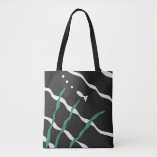 Tote Bag Black and White Fish with bubbles and seaweed
