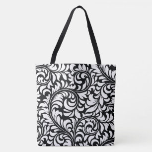 Tote Bag Black and White Floral Damask Imprimer Fourre-tout