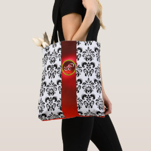 TOTE BAG BLACK BLANC DOMMASK FLORAL, MONOGRAMME DE PIERRE R