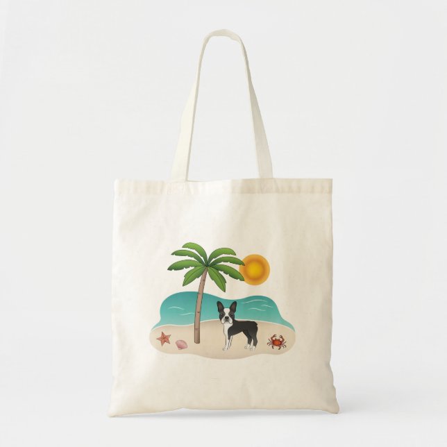 Tote Bag Black Boston Terrier À Une Plage Tropicale D'Été (Devant)