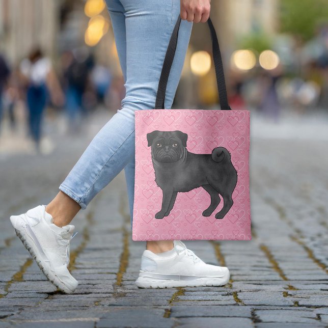 Tote Bag Black Carlin Chien Cartoon Mops Pink Love Motif de (Please note: This image is a digital mockup. The product may not be in scale.)