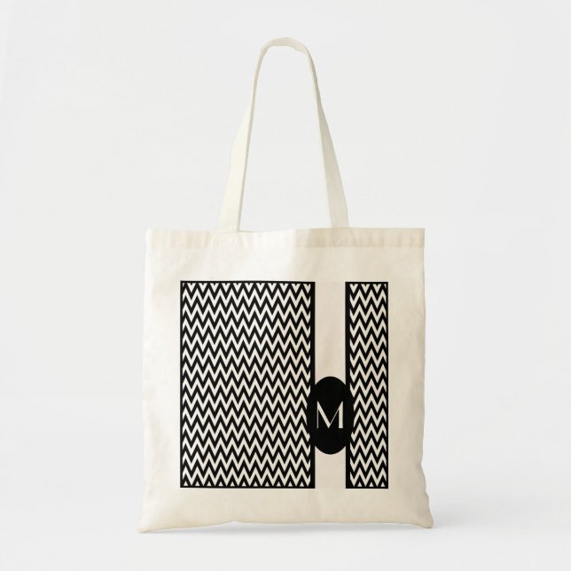 Tote Bag Black Elegant Chevron Design with monogram (Devant)