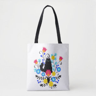 Tote Bag Black Fluffy Cat with Flowers