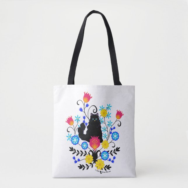 Tote Bag Black Fluffy Cat with Flowers (Devant)