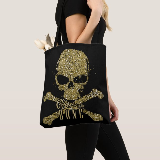 Tote Bag Black Glam to Bone Gold Parties scintillant Crâne  (De près)