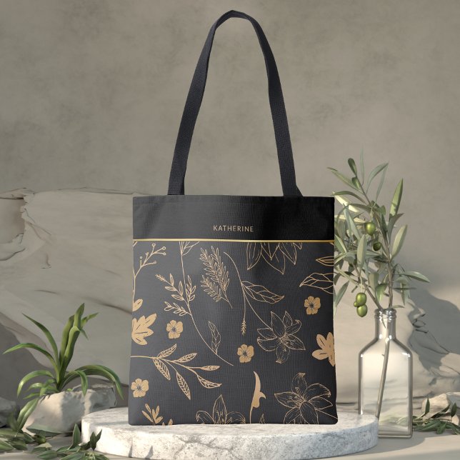 Tote Bag Black Gold Floral Elegant Trendy Stylish (Créateur téléchargé)